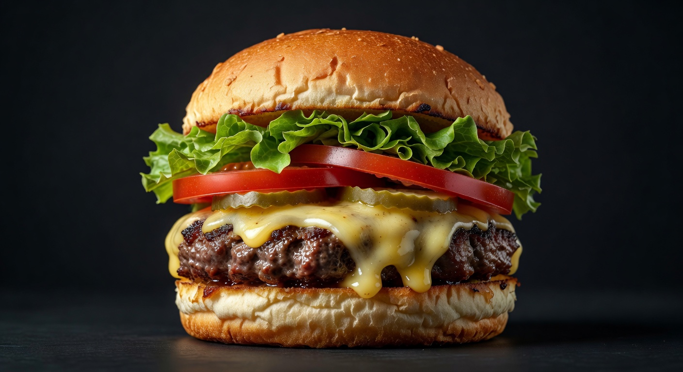 Close up of a premium artisan burger with fresh ingredients on a dark background
