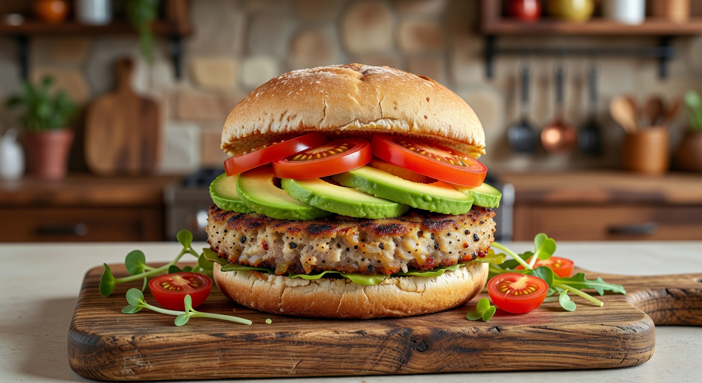 The Earth Root plant-based burger with avocado and fresh tomatoes