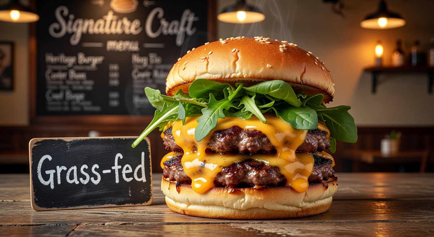 The Heritage Burger featuring a double beef patty, melted cheese, and fresh greens