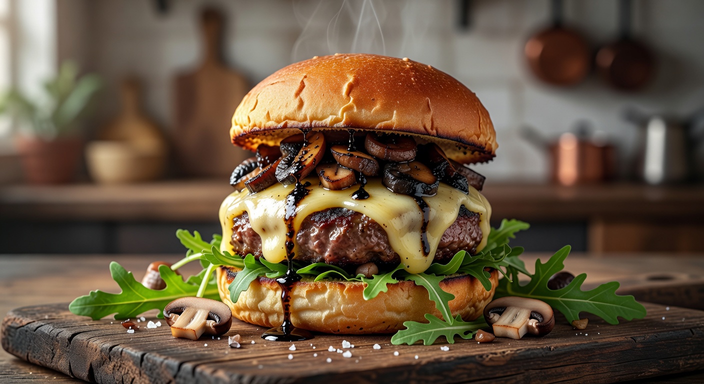 Truffle and Swiss burger with sauteed mushrooms